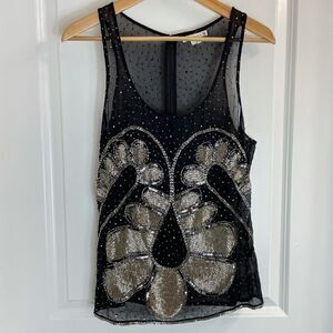 Renzo and Kai Black Sheer Tank with Silver Sequin Floral Design